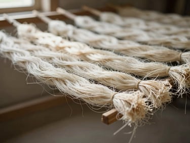 Soft morning light illuminating raw organic flax fibers drying in a Swiss barn, warm earth tones, shallow depth of field.