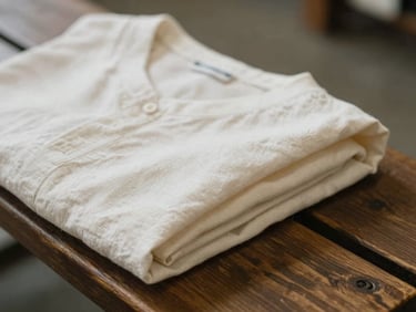 Close-up of a folded bone-white linen garment resting on a dark wooden bench, soft gallery lighting, shallow depth of field.
