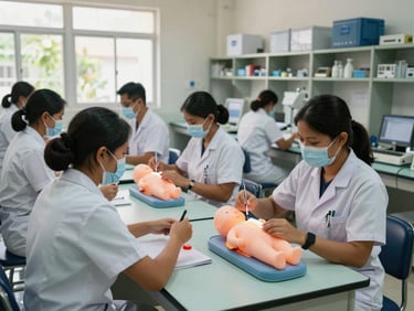 Wide environmental photograph of an Indonesian nursing college midwifery skills lab, students in clinical uniforms practicing obstetric procedures on birthing simulators, institutional lab environment with equipment racks and natural daylight