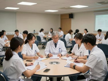 Environmental shot of a hospital administration and health management seminar room, nursing management students in groups discussing case studies at round tables, overhead lighting, professional academic atmosphere