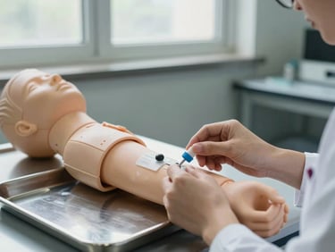 Close-up of nursing student hands performing intravenous catheter insertion on a medical training mannequin arm in a clinical skills lab, natural daylight from side windows, stainless steel tray visible