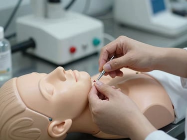 Close-up of nursing student hands performing wound care procedure on a medical training mannequin in a skills lab, realistic clinical lighting, equipment visible in background