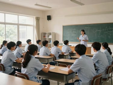 Nursing college classroom with students in academic attire engaged in group discussion, natural window light from the left, wide environmental framing showing the learning space