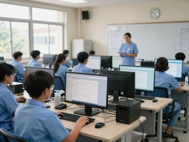 Wide shot of a nursing informatics classroom at a West Java nursing college, students seated at desktop workstations reviewing digital health records on screens, academic setting with whiteboards and natural window light
