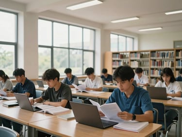Nursing college library and study area, students seated at desks reviewing clinical textbooks and laptops, natural daylight from tall windows, wide shot showing the academic environment