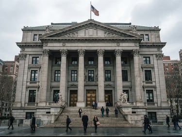An editorial documentary shot of a classic Manhattan courthouse stone facade, soft overcast daylight, sharp focus.