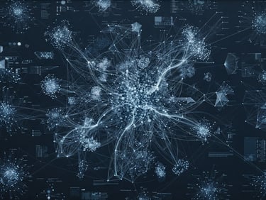 A close-up of a high-resolution digital screen displaying abstract data maps and connection nodes in cool desaturated tones.