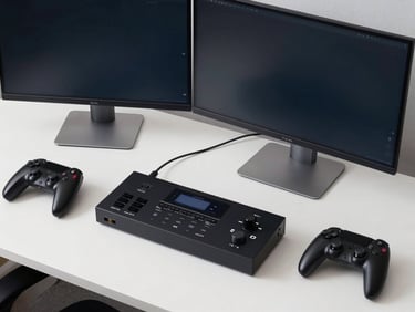 Wide-angle desk setup showing dual monitors, audio interface, and a gaming peripheral arranged on a clean white desk under bright studio daylight, shot from slightly above