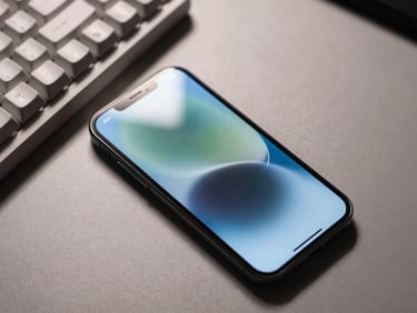 Close-up overhead shot of a smartphone resting on a desk beside a mechanical keyboard, studio strobe lighting casting clean shadows, shallow depth of field on the phone screen