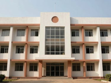 Symmetrical wide-angle shot of a newly constructed educational building facade in Bangalore, clean architectural lines, warm terracotta accents, bright daylight.