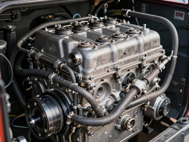 Close-up of a clean, professionally detailed heavy-duty truck engine, metallic textures of the block and hoses visible under sharp daylight