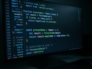 Sleek dark-mode technology photography, close-up of a high-end monitor displaying neon blue and green code lines, sharp focus, low-key lighting, 35mm lens