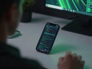 Over-the-shoulder perspective of a developer workspace, a clean desk with a glowing mobile device displaying high-fidelity code, dark ambient studio lighting, cyber green accents