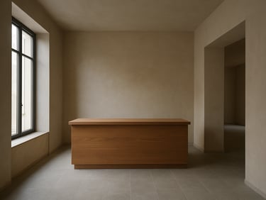 Wide-angle view of the salon reception area from the doorway, pale plaster walls, a single low counter in warm wood, daylight flooding in from tall windows left, no people, architectural calm