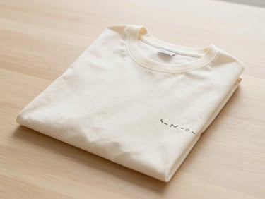 A folded soft cream cotton t-shirt with a minimalist typographic design, placed on a light wood surface, natural light