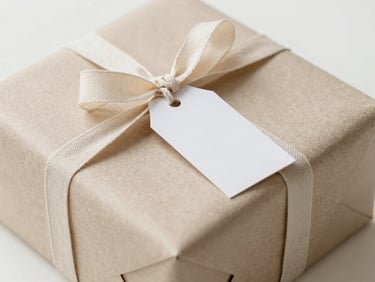A beautifully wrapped gift box in textured paper with a simple linen ribbon and a neat tag, soft shadow