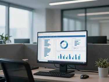 A modern corporate office environment with a clean desktop displaying structured business dashboards and charts, soft morning light, professional atmosphere