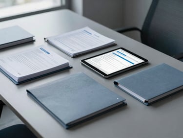 Organized documents on a modern executive desk, with folders and a tablet displaying a clean, corporate dashboard, natural light, low saturation blue and grey tones.