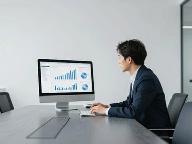 Focused corporate professional analyzing clean data graphs on a monitor in a bright, minimalist meeting room, slate grey and navy tones