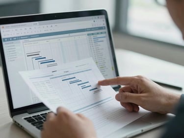 Close-up of a professional's hands reviewing a detailed project timeline on a laptop, with Gantt charts and project management software, in a focused office setting.