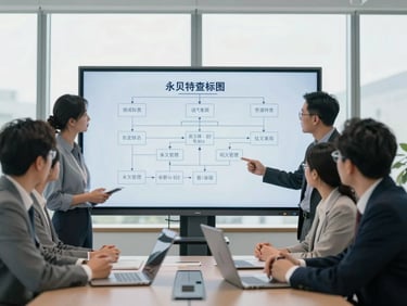 Professionals in an executive meeting, discussing a detailed process flowchart on a large screen, with focused expressions, in a modern corporate environment, natural daylight.
