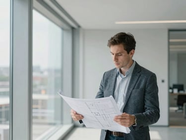 Modern architect reviewing blueprints on a construction site, low saturation, natural light, clean composition, focus on precision and planning.
