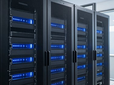 Data center server racks with glowing blue lights, clean lines, technological focus, low saturation, emphasizing structured digital environments.