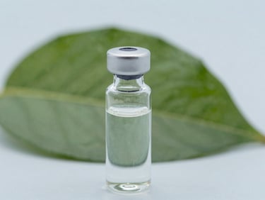 Macro shot of a laboratory glass vial with a green leaf in the background, soft natural daylight, shallow depth of field, 35mm