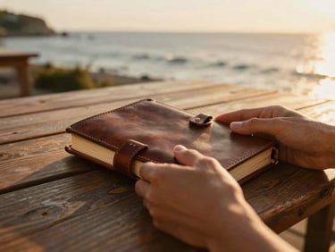 Close-up of hands holding a vintage leather-bound travel journal on an outdoor wooden table, warm golden hour sunlight, soft focus on sea background
