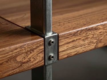 Extreme close-up of polished teak wood and structural steel joints, dramatic lighting
