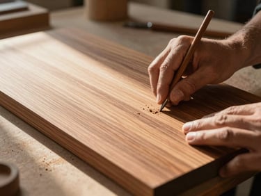 An artisan's hands carefully polishing a finished teak wood panel, fine wood dust catching a shaft of warm sunlight in a quiet, organized workshop.