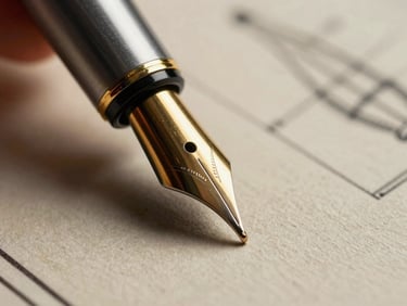 Extreme close-up of a fountain pen nib gliding over thick textured blueprint paper, warm dramatic side lighting, gold metal accents.