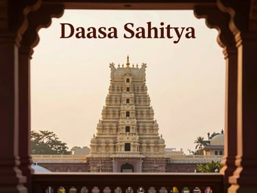 Album cover for Kannada Daasa Sahitya, depicting a serene temple scene at golden hour with soft light, evoking peace and devotion, elegant editorial photography.