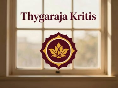 Album cover for Thyagaraja Krithis, with a minimalist design, deep maroon and gold hues, and a traditional Carnatic motif, elegant and refined editorial photography.