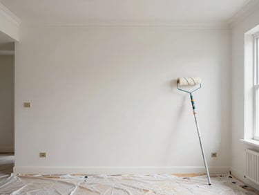 Wide interior room wall being painted with roller, clean lines at ceiling and skirting, drop cloth protecting floor, overcast natural light from window, Rosario apartment
