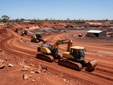 Wide-angle environmental shot of an active mine site in the red dirt of regional Australia, harsh natural sunlight, heavy machinery operating.