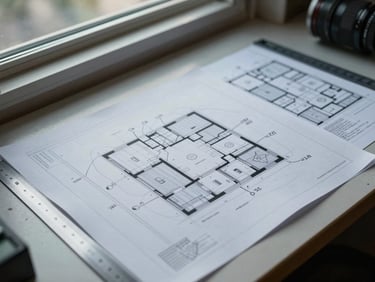 Overhead view of printed architectural system diagrams spread on a work table with annotation marks and rulers, cool north-facing window light, technical documentation in use