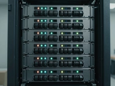 Close-up of rack-mounted servers in a cool-lit machine room, front panels with status indicators and drive bays visible, monochromatic steel-gray tones, overcast even light, no people