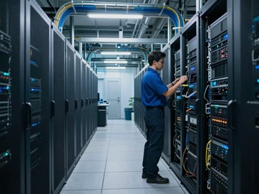 Wide shot of a data center operations floor, technician's back visible examining rack equipment, cool blue-white ambient lighting, cable runs visible overhead, functional environment