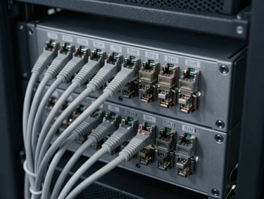 Tight overhead shot of patch panel and ethernet cables on a server rack, cool even studio lighting, monochromatic gray tones, cables neatly routed and labeled, no people