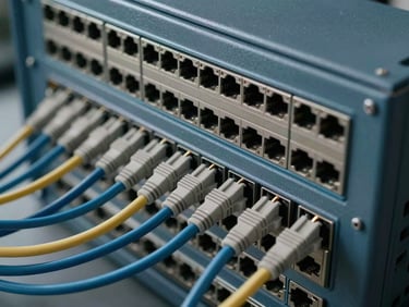 Close-up overhead shot of a network patch panel with labeled cables neatly organized, cool even studio lighting, no people, functional industrial aesthetic