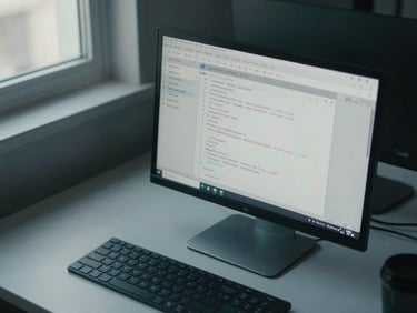 Overhead flat-lay of a workstation desk with a terminal window showing a script execution log, keyboard partially visible, cool north-facing window light, monochromatic gray-blue palette, no people