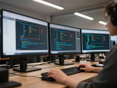Tight shot of a developer workstation with multiple monitors displaying database schema diagrams, cool overhead fluorescent lighting, keyboard and mouse in frame, no people