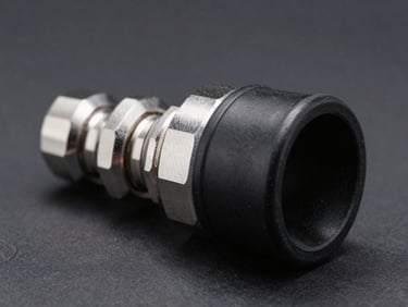 Macro photography of a heavy duty steel ball joint with a pristine black rubber boot, sharp industrial lighting, metallic textures
