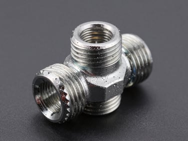 Eye-level shot of a clean metallic tie rod end, showing precise thread cuts and steel texture, dark gray background