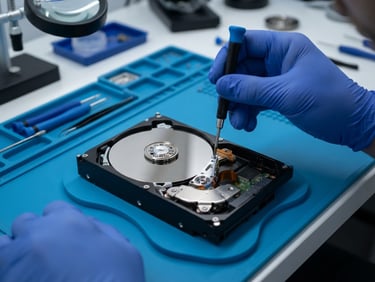 Close-up of a hard drive being precisely dismantled by gloved hands on a clean, technical workbench under bright cool studio lighting, royal blue accents, sharp focus.