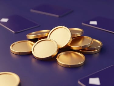 Sleek 3D render of stylized gold chips and dark purple cards on a reflective digital table, dramatic studio lighting