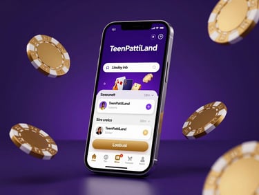 Sleek mobile phone mockup displaying the TeenPattiLand lobby, gold chips floating around the screen, low-key dramatic studio lighting with deep purple backlighting.