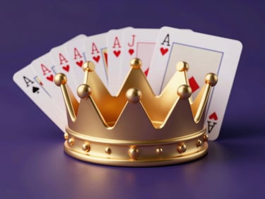 Sleek 3D render of a premium gold crown next to a deck of cards, low-key dramatic lighting, deep purple accents