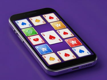 Sleek 3D render of a hand-held mobile device showing a clean Rummy game board with gold-trimmed cards, deep purple background